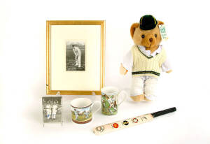 BALANCE OF CRICKET COLLECTION, noted Don Bradman signed photograph; Bradman Museum 'Cricket Bear'; Victor Trumper postcards (2 - one framed); 1905 Australian Team postcards (2); "Slazenger" Cricket Bat with unidentified signature; Bradman $5 Coins (2); st