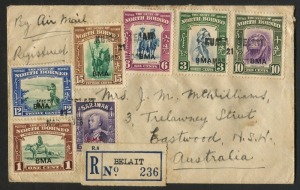 NORTH BORNEO: BRUNEI: POSTAL HISTORY: 1946 (Mar 31) Kuala Belait registered airmail cover to Eastwood (NSW) with eleven 'BMA' Overprints on North Borneo values to 25c, stamps on the front tied by linotype 'KUALA BELAIT/21/MAY 1946' datestamps, blue/white