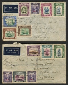 NORTH BORNEO: POSTAL HISTORY: 1946 registered airmail covers to Australia with 'BMA' Overprinted issues of North Borneo or Sarawak, one cover with 85c franking including North Borneo 20c & 50c, the other with $3.01 franking including North Borne $2, both 