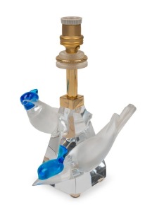 LALIQUE&nbsp;French frosted glass table lamp adorned with blue hooded birds, engraved "Lalique, France", 20cm high