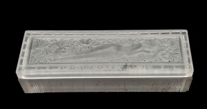 French Art Deco frosted glass jewellery box with reclining nude and foliate motif, marked "P. Robertet & Cie", circa 1930s, stamped "J. Viard", 19cm wide