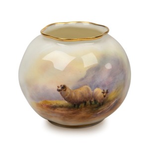 ROYAL WORCESTER English porcelain vase, decorated with hand-painted highland sheep in landscape, signed "J. Allen", black factory mark to base, 6.5cm high, 8cm wide