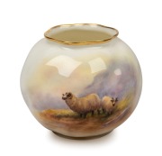 ROYAL WORCESTER English porcelain vase, decorated with hand-painted highland sheep in landscape, signed "J. Allen", black factory mark to base, 6.5cm high, 8cm wide