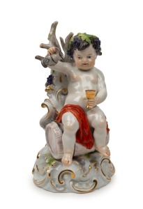 MEISSEN antique German porcelain Bacchanalian cupid statue, 19th century, blue crossed swords mark to base, 19cm high