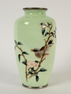 A Japanese silver finish cloisonne vase with birds and blossoms on green ground, Showa period, 20th century, 24.5cm high