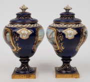SEVRES pair of antique French porcelain urns with hand-painted scenes on blue grounds with gilt highlights and ormolu bases, 19th century, blue factory marks inside the lids, ​​​​​​​18cm high - 2