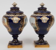 SEVRES pair of antique French porcelain urns with hand-painted scenes on blue grounds with gilt highlights and ormolu bases, 19th century, blue factory marks inside the lids, ​​​​​​​18cm high - 3