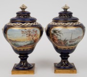 SEVRES pair of antique French porcelain urns with hand-painted scenes on blue grounds with gilt highlights and ormolu bases, 19th century, blue factory marks inside the lids, ​​​​​​​18cm high - 4