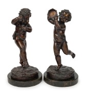 A pair of antique French bronze putti statues with marble bases (loose), 19th century, ​​​​​​​24cm high