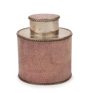 An antique tea caddy, Sheffield plate with pink shagreen finish, 19th century, 9.5cm high 7.5cm wide