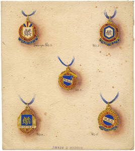 MELBOURNE CRICKET CLUB: Card with 5 hand-painted designs for the 1950-51 Membership badge, produced by Swann & Hudson. Minor tone spots though unique.