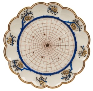 BELLEEK rare antique Irish porcelain serving plate with spider web pattern, 19th century, black factory mark to base, with diamond registration, 23.5cm wide
