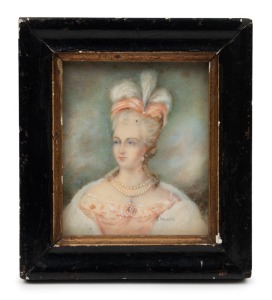 An antique hand-painted miniature portrait of a lady, signed "L. PACKER", 19th century, 11 x 10cm overall