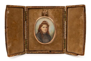 An antique hand-painted miniature portrait of a girl in black dress, painted on ivory, mounted in 9ct rose gold frame, and housed in a plush fitted case, late 19th century, 7 x 5cm overall, the case 10.5cm high