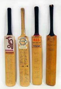 SIGNED CRICKET BATS: c1951 bat with many faded signatures - Australia, South Africa, Commonwealth XI & England XI; 1985 England v Australia; 1992 Nat West Final - Northamptonshire v Leicestershire; also 1992 World Cup with facsimile autographs. Fair/Good 