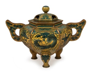 An antique Chinese gilt bronze cloisonne censer adorned with green dragon and phoenix decoration on Imperial yellow ground, impressive circular seal mark to base, Qing Dynasty, ​​​​​​​14.5cm high, 20cm wide