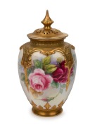 ROYAL WORCESTER English porcelain lidded vase with hand-painted rose decoration, signed "HUNTLEY", 20th century, black factory mark to base, ​​​​​​​15cm high