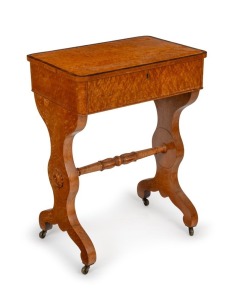 An antique English burr maple and rosewood cross banded occasional table with lyre base, circa 1835, 79cm high, 59cm wide, 42cm deep