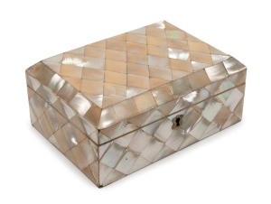 An antique English mother of pearl jewellery casket with original blue silk interior, 19th century, 8cm high, 18cm wide, 13cm deep