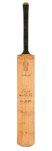 c1954 ENGLAND TEAM, full size "Gunn & Moore" Cricket bat, with 12 signatures on face including Len Hutton, Peter May, Johnny Wardle, Brian Statham & Bill Bowes. Some signatures faded, otherwise Good condition.