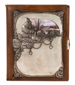 An antique Russian silver photo album with hand-painted panel, 19th/20th century, 41cm high overall