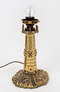 A vintage brass lighthouse novelty lamp base, circa 1930,the base 32cm high