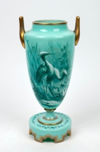 An antique Austro-Hungarian green glass mantle urn with fine hand-painted scene of two birds, 19th century, 33cm high