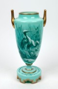 An antique Austro-Hungarian green glass mantle urn with fine hand-painted scene of two birds, 19th century, 33cm high