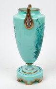 An antique Austro-Hungarian green glass mantle urn with fine hand-painted scene of two birds, 19th century, 33cm high - 2