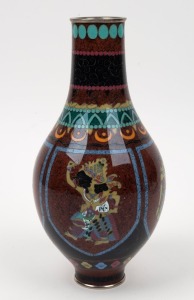 A Japanese cloisonne vase adorned with dancing figures and silver rim, 20th century, three character mark to base, ​​​​​​​24cm high