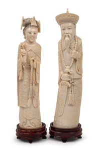 A pair of Chinese carved ivory ancestor statues, late Qing early Republic period, 20th century, ​​​​​​​25cm and 26cm high