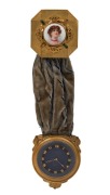 An antique boudoir wall clock, eight day Swiss movement in gilt metal case with blue velvet hanger and hand-painted porcelain female portrait top in gilt metal mount with green stone decoration, late 19th early 20th century, ​​​​​​​26cm high overall