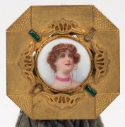 An antique boudoir wall clock, eight day Swiss movement in gilt metal case with blue velvet hanger and hand-painted porcelain female portrait top in gilt metal mount with green stone decoration, late 19th early 20th century, ​​​​​​​26cm high overall - 2