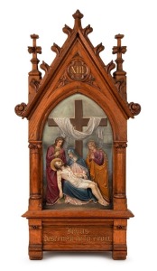An antique French "Stations Of The Cross" plaque, carved oak with polychrome finish, 19th century, 90cm high