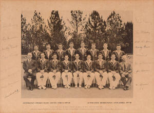 1957-58 Australian Team to South Africa, printed team photograph, with 16 signatures on the mount, including Ian Craig, Neil Harvey & Richie Benaud, framed & glazed, overall 63x51cm. Fair/Good condition.