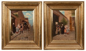 Two antique military scene paintings on board with enhanced lithograph detail, 19th century, 31 x 38cm each overall