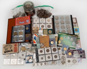 An accumulation of Australian and foreign coins including Unc 50c's and $1's in RAM packaging, 1966 50c rounds (3), 2004 Unc set, 2011 Two Coin Proof set, Bradman $5, 50c coins in an album, bags of loose decimal coins, a jar of 1c coins, a 1942 coin set plus a 1942 £1 note and other pre-decimal coins, etc.