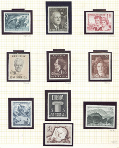 AUSTRIA: 1944-1979 disorganised mostly mint collection in two volumes with better mint sets incl. 1948 Artists (2 sets), 1948 Costumes incomplete but incl. 90g, 1s red & 10s, 1949 Welfare Fund, 1949 Relief Fund, 1950 Plebiscite MVLH, 1951 Reconstruction Fund (2 sets, one MUH), 1955 Re-establishment MUH; 1960 onwards reasonably complete with some M/Ss; condition variable, inspection suggested.(many 100s)