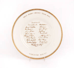 1963 ROYAL WORCESTER PLATE, "West Indies Cricket Team - 1963. Worcester May 1st", with facsimile signatures and rim in gold, made during the players' visit to the factory during the tour; signatures include Frank Worrell, Conrad Hunte, Lance Gibbs, Wes Ha