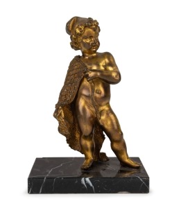 An antique putti statue, cast bronze with remains of original finish, mounted on black marble base, most likely Austro-Hungarian, 19th century, 20cm high