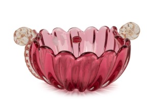 SEGUSO red Murano glass bowl with gold barley twist handles, bearing original labels "Archimedes Seguso, Murano, Made in Italy", 10cm high, 19.5cm wide