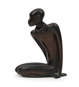 A vintage Art Deco cast bronze statue of a kneeling nude Nubian woman, early to mid 20th century, 25cm high