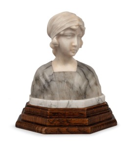 An Italian antique carved marble bust of a young woman, resting on a stepped oak plinth, late 19th century, ​​​​​​​32cm high overall