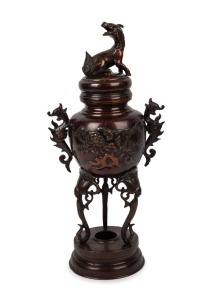 An antique Japanese bronze koro with mythical beast finial, Meiji Period, 19th century, ​​​​​​​40cm high