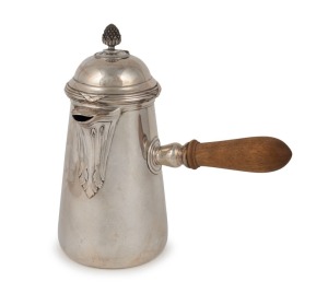 A French silver chocolate pot with timber handle, 20th century, ​​​​​​​20cm high, 535 grams total including handle