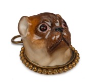 MEISSEN antique German porcelain pug dog wall plaque in gilt metal mount, early 19th century, 7.5cm high overall