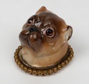 MEISSEN antique German porcelain pug dog wall plaque in gilt metal mount, early 19th century, 7.5cm high overall - 2