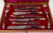 An antique boxed carving service with horn handles and silver plated mounts, impressively displayed in plush fitted walnut canteen, 19th century, 57cm wide - 2