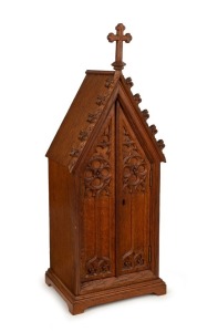 An antique Pugin Gothic two door miniature&nbsp;cabinet, 19th century, 65cm high