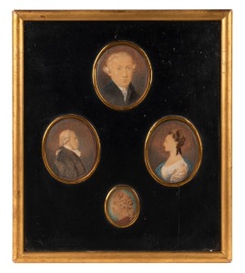 A series of four hand-painted family portraits pertaining to the Parish family, with inscription and details verso starting with "David Parish born 1708", "The Rev. Henry Parish born 1760" and ending with "Fanny Parish born 1769", framed together as single display, 27 x 23cm overall